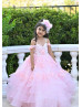 Off Shoulder Pink Beaded Lace Layered Tulle Flower Girl Dress